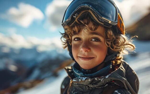 雪山でスキーゴーグルとスキーヘルメットをかぶった少年スキーヤー