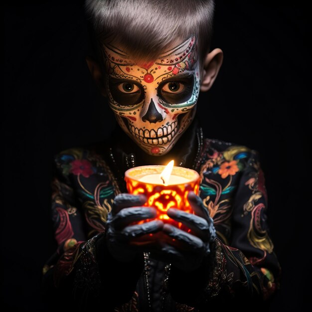 Boy skull day of dead on dark background hold candlestick