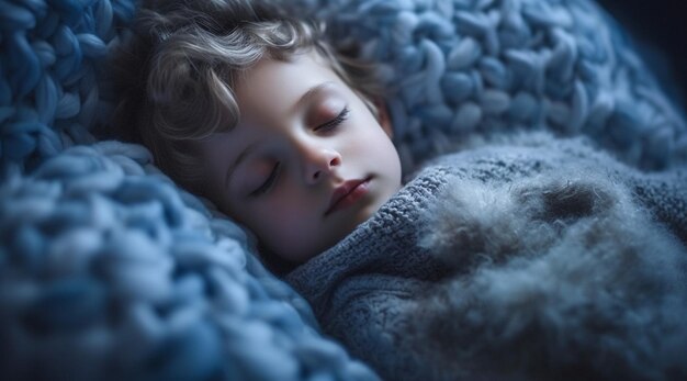 A boy sleeping in a blue blanket with the word sleep on it.