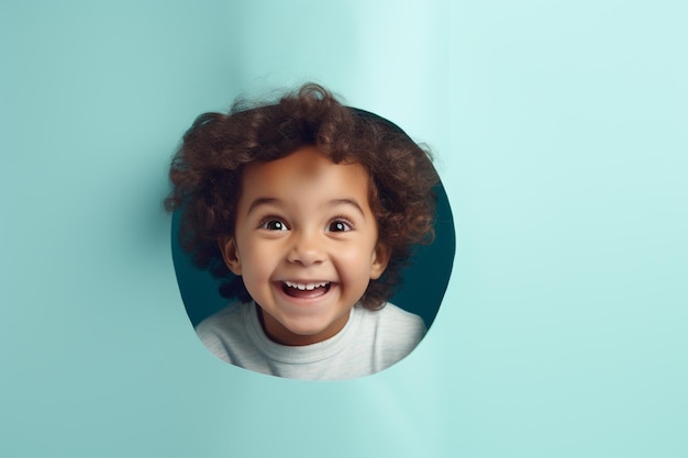 Мальчик улыбается на пастельном фоне с дырками в рекламном стиле
