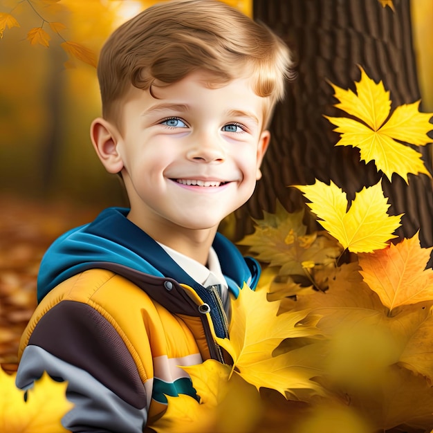 a boy smiles in the autumn leaves.