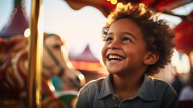 Photo a boy smiles at a carnival ride