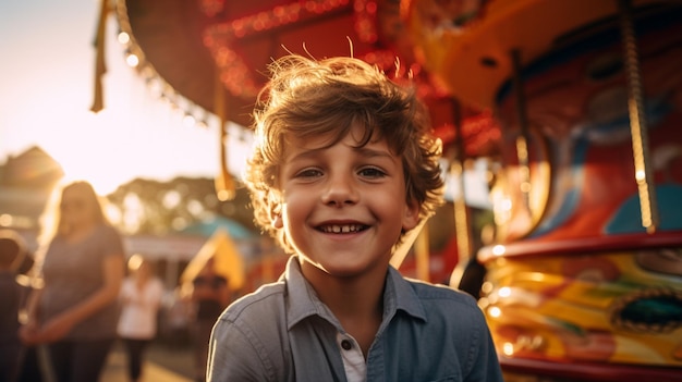 a boy smiles at a carnival ride