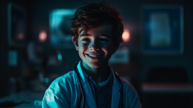 A boy smiles in a dark room with a blue light behind him.