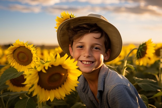 Foto un ragazzo sorride in un campo di girasoli