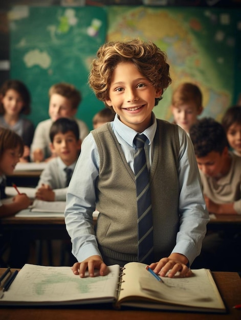 a boy smiles in front of a classroom with a book titled school children.