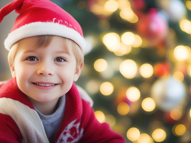 Boy smiles happily against blurred background of ChristmasGenerative AI