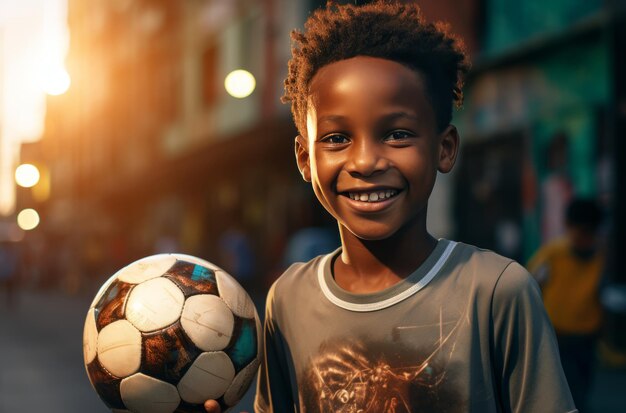 Photo a boy smiles and holds a soccer ball in front a city