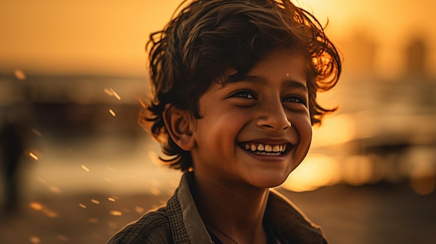 A boy smiles at the sunset in riyadh, saudi arabia.