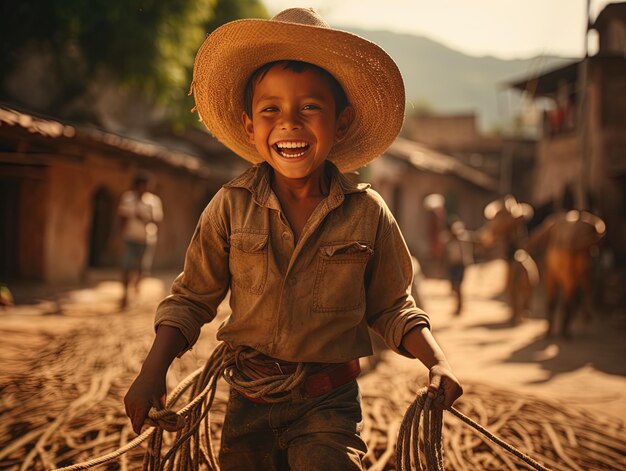 a boy smiles while carrying a bundle of bamboo