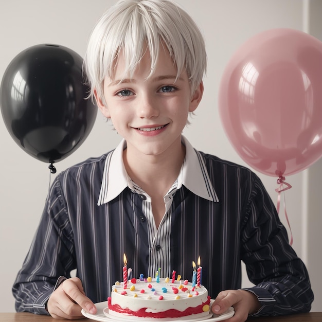 男の子が笑顔でその上に数字3が書かれた誕生日ケーキを握っています