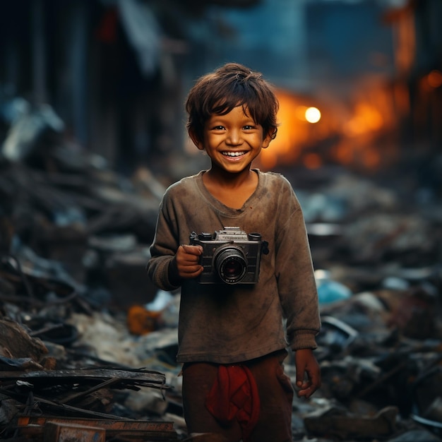 A boy smiles while holding a camera in a pile of trash.