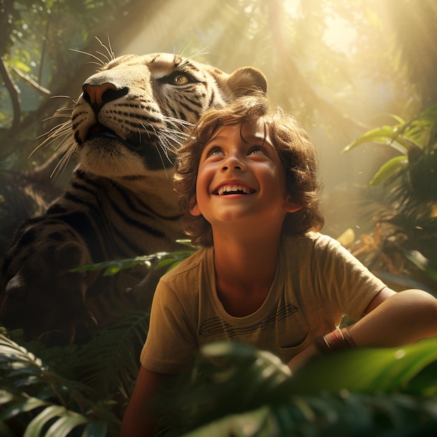 Photo boy smiling in front of a tiger in a jungle generative ai