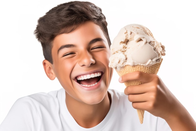 boy smiling with brown hair holding an ice cream cone wearing white shirt studio shot