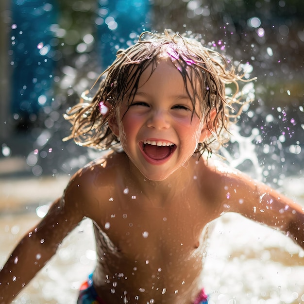 目を閉じてプールで水をはねる少年。