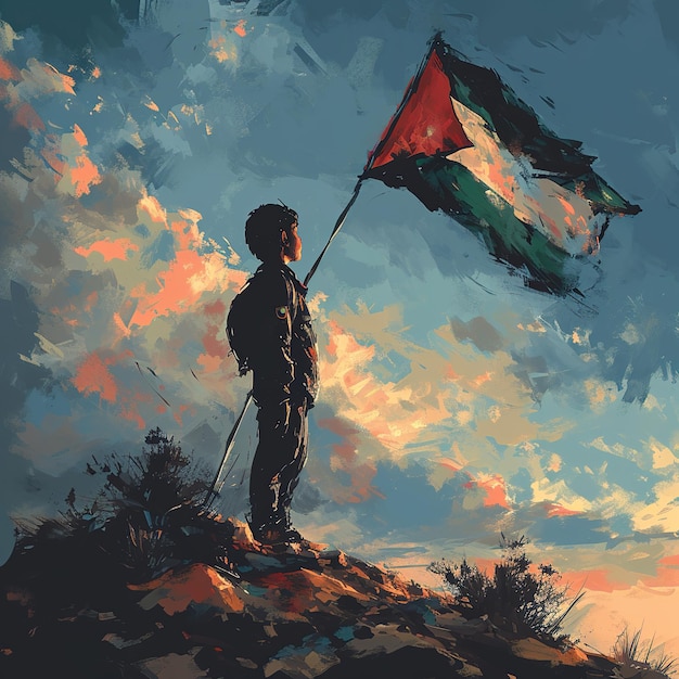 Foto lo stand del ragazzo con la bandiera palestinese sfondo di illustrazione vettoriale