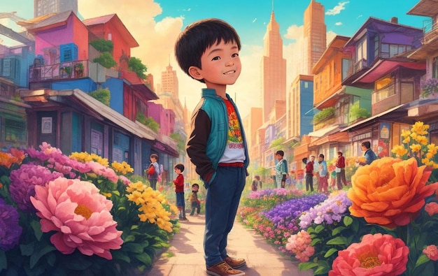 A boy standing in a flower garden with a cityscape in the background