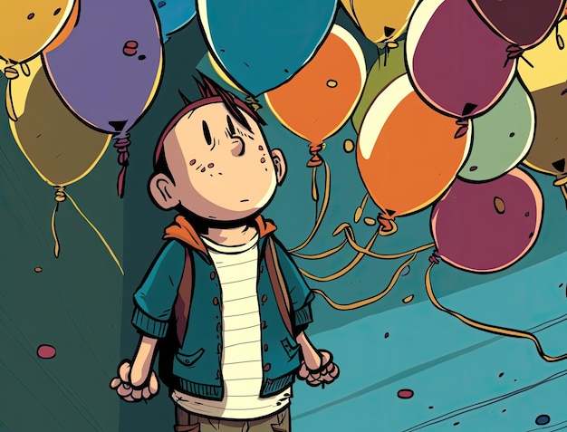 A boy standing in front of a bunch of balloons Generative AI