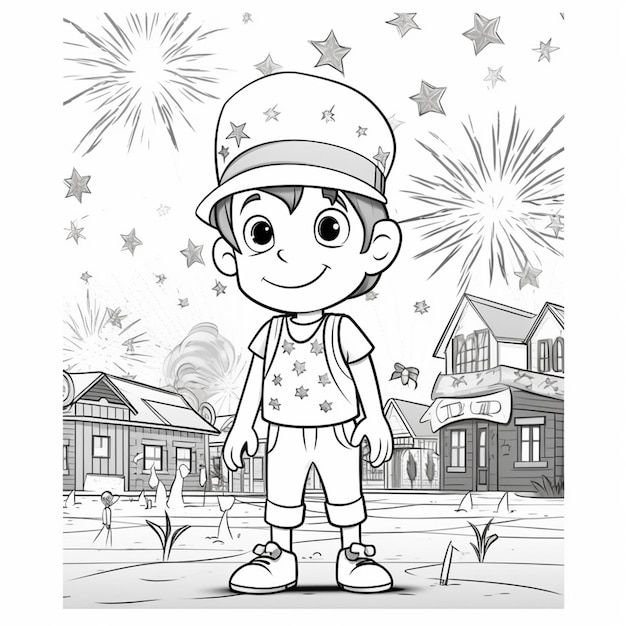 A boy standing in front of a fireworks display