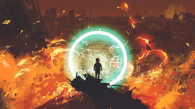мальчик стоит перед светящимся синим кольцом и смотрит на горящий город, стиль цифрового искусства, живопись иллюстрация