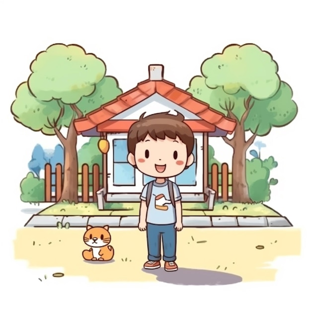 a boy standing in front of a house with a cat generative ai