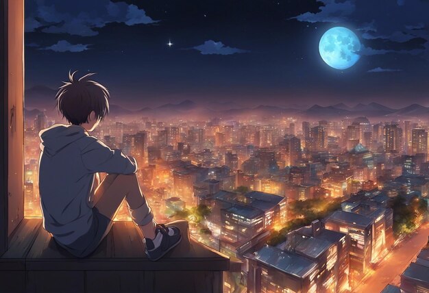 A boy standing and looking at the moon in the night