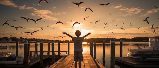 写真 鳥に満ちた空を見上げるドックに立っている少年