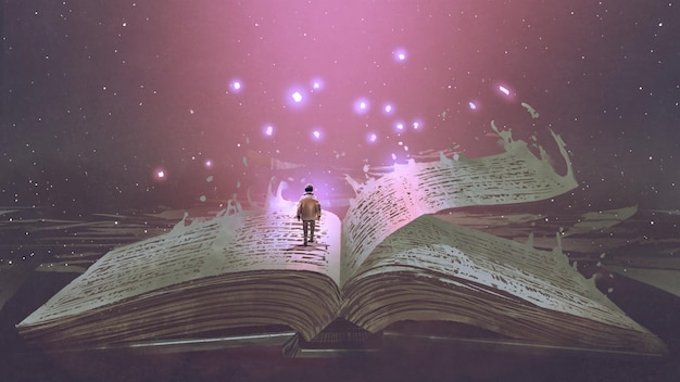 Photo boy standing on the opened giant book with fantasy light, digital art style, illustration painting