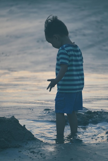 空に向かってビーチで岸に立っている少年