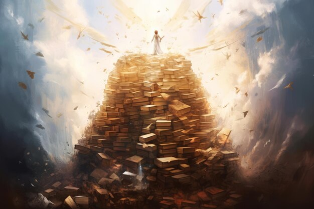 A boy standing on top of a pyramid of gold.