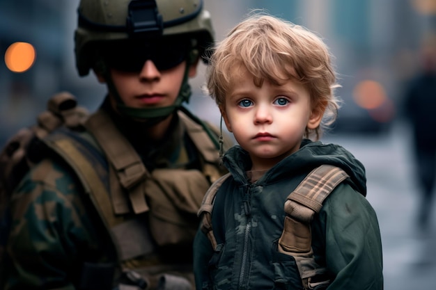 The boy stands against the background of the flag of Palestine