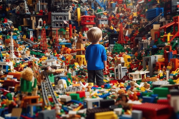 頭上にそびえ立つレゴ ブロックだけで作られた巨大な都市に少年が畏敬の念を抱いて立っています 建物の複雑なディテールが子供の想像力を刺激します 生成 AI