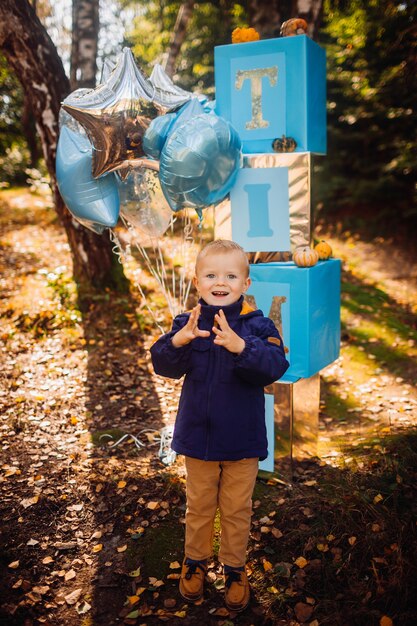 Photo boy stands before the blue decor on the autumn backyard