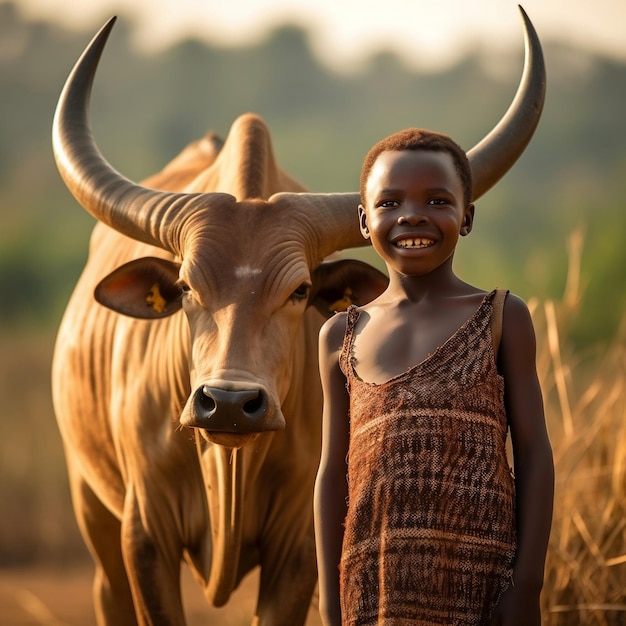 A boy stands next to a bull that has horns on it.