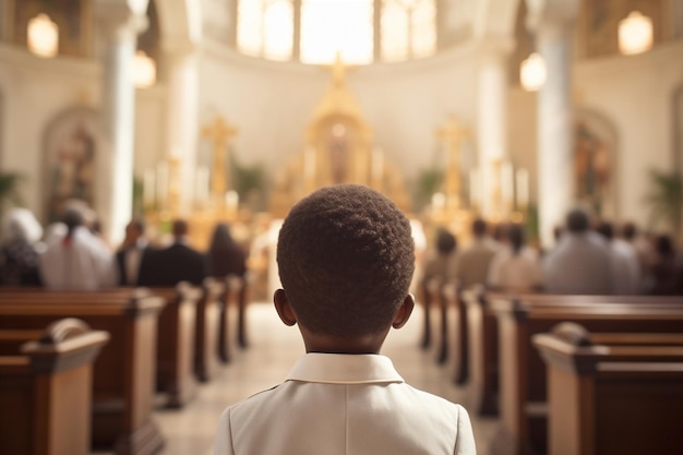 a boy stands in a church with a church in the background