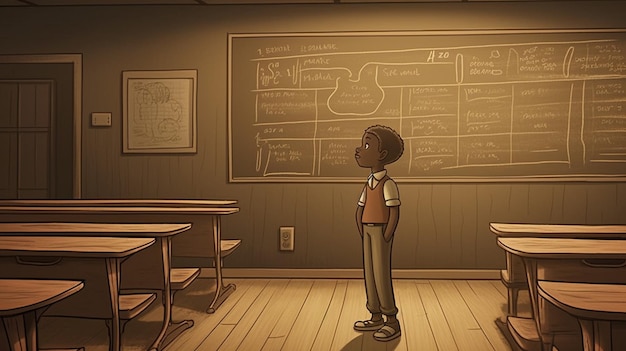 A boy stands in a classroom with a blackboard behind him