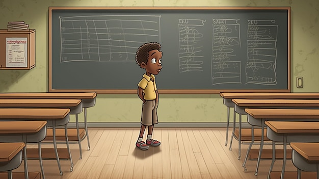 A boy stands in a classroom with a chalkboard on the wall.