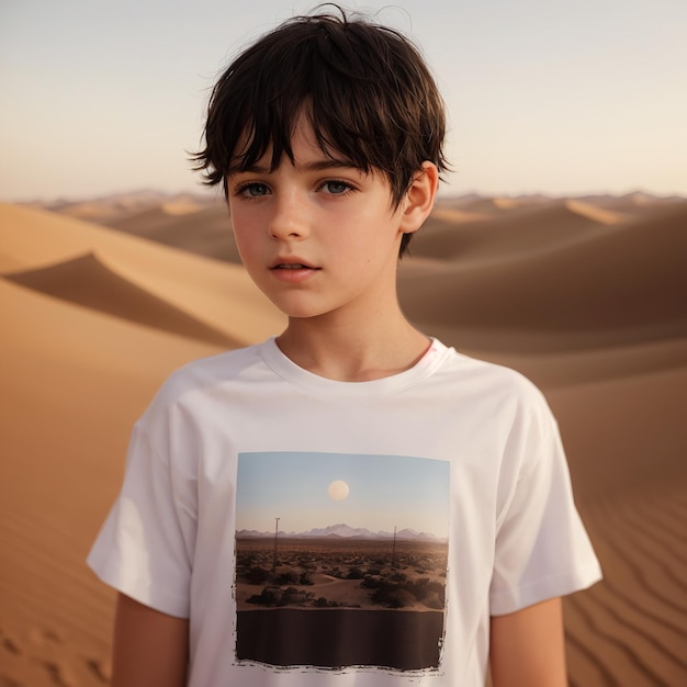 мальчик стоит в пустыне в рубашке с надписью "Закат" на заднем плане.
