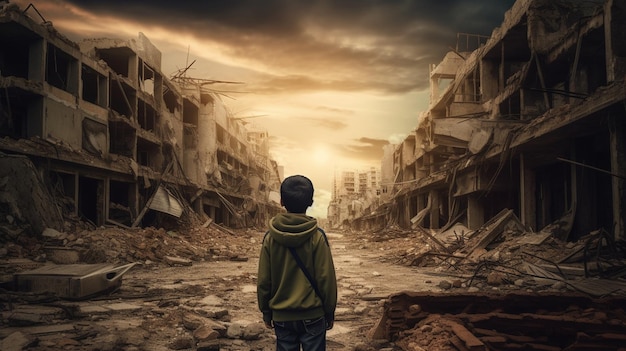 한 소년이 전쟁이라는 단어가 앞에 있는 파괴된 도시에 서 있습니다.