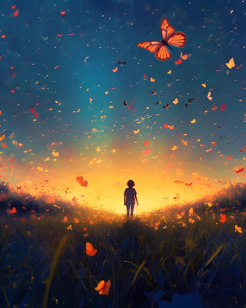 A boy stands in a field with butterflies on the sky