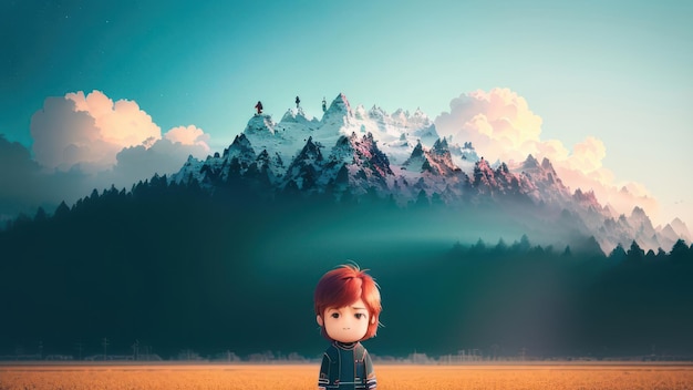 A boy stands in a field with mountains in the background.