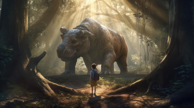 A boy stands in a forest with a rhino in the background.