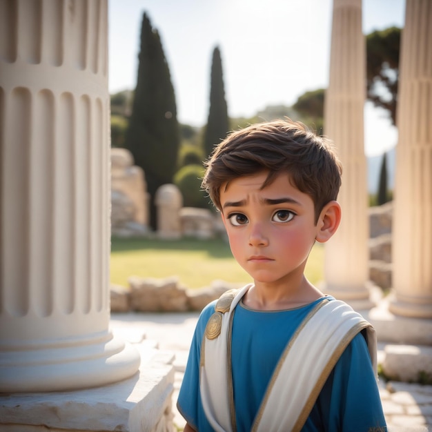 a boy stands in front of an ancient ruins.