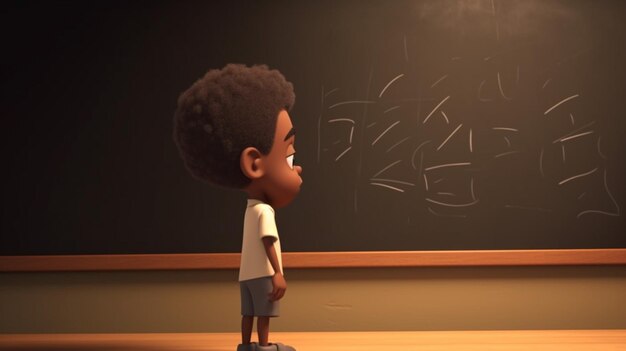 A boy stands in front of a blackboard that says'math'on it