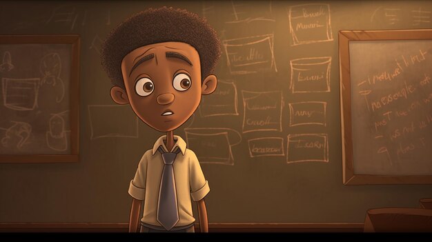 A boy stands in front of a blackboard that says