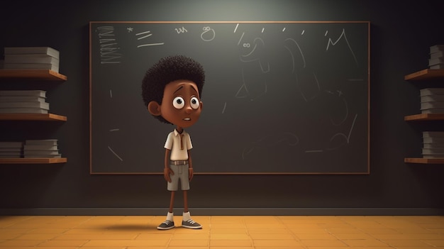 Photo a boy stands in front of a blackboard with the word'pixar'on it.