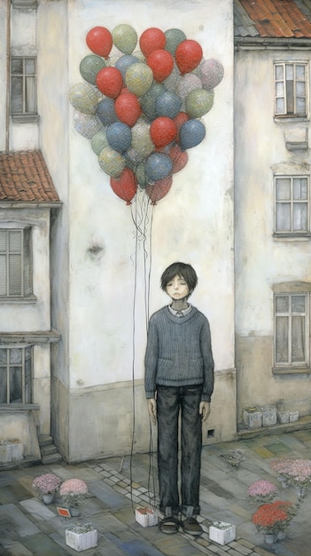 A boy stands in front of a building with balloons attached to his feet.