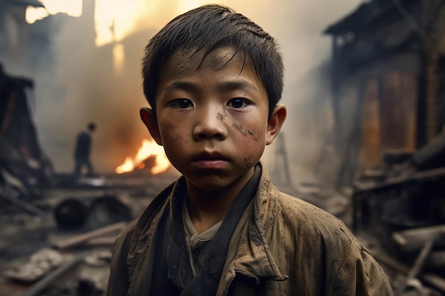 A boy stands in front of a burning building.