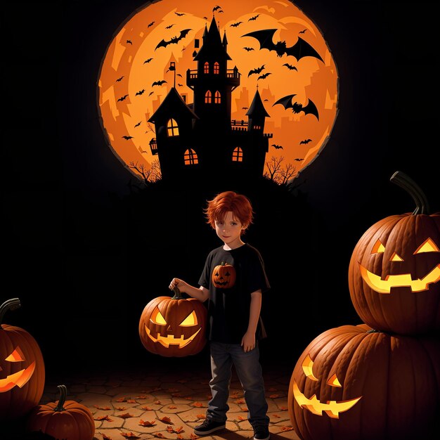 a boy stands in front of a castle with a pumpkin in the background.