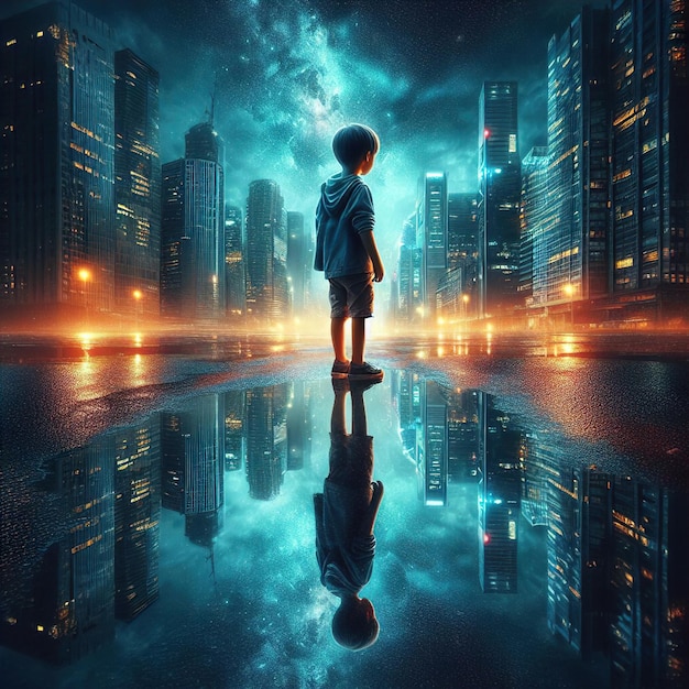 a boy stands in front of a cityscape with a reflection of a city in the water